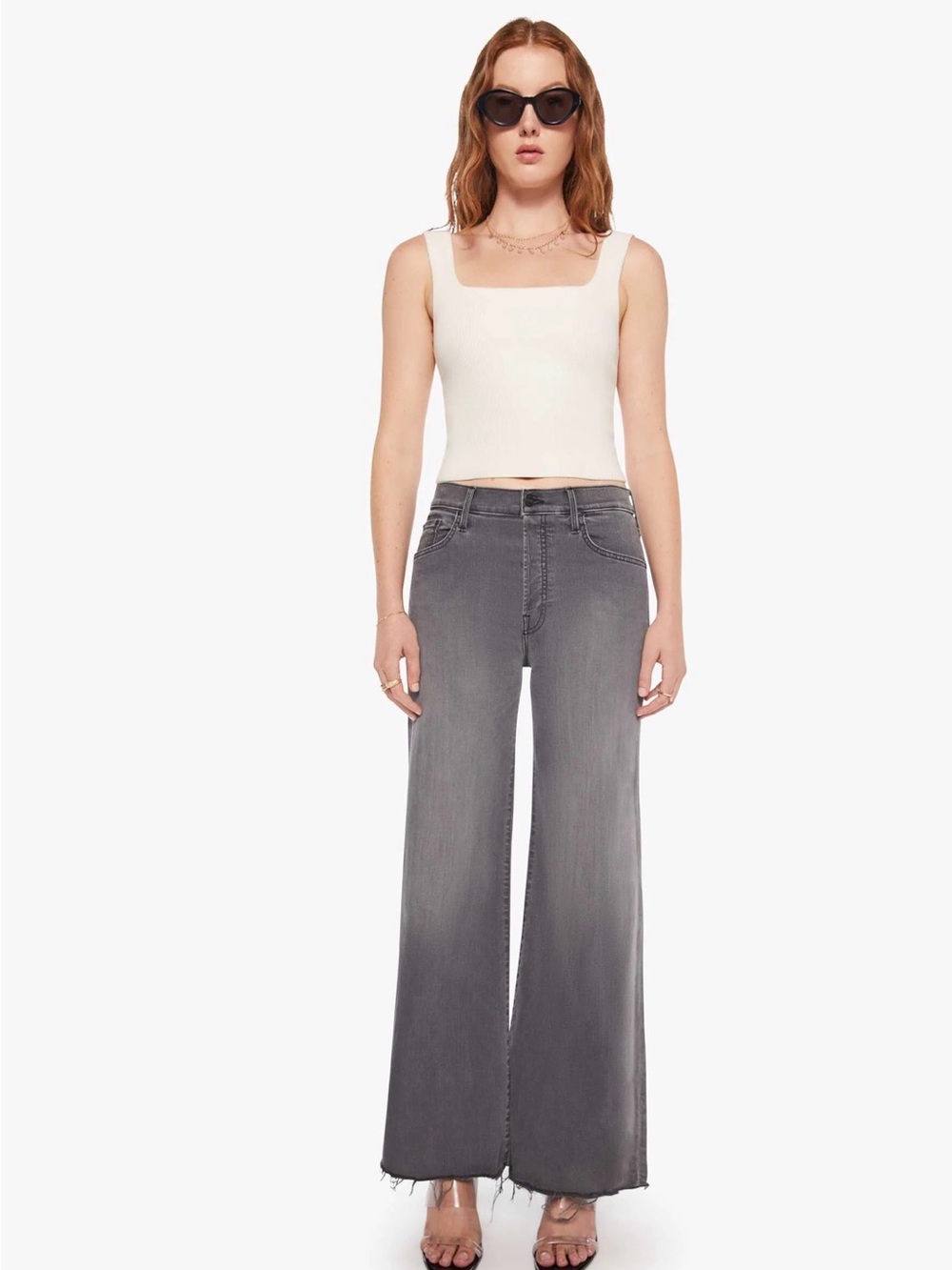 MOTHER Wide-Leg High-Rise Jeans in Gray Wash